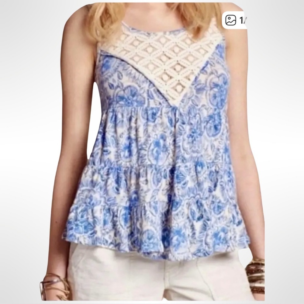 Free People Boho Blue Floral Tunic with crochet trim -  Size Medium - Picture 3 of 12